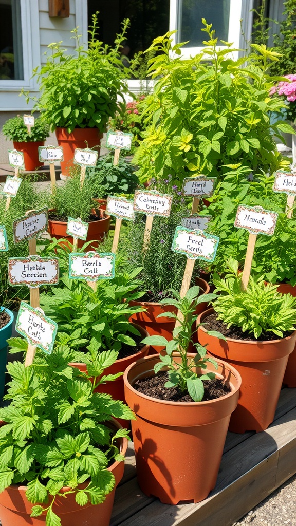 A potted herb garden with decorative labels identifying each plant.