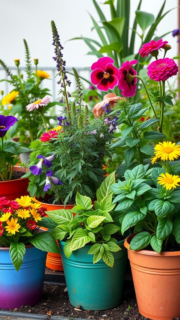 Colorful potted plants featuring herbs and edible flowers.