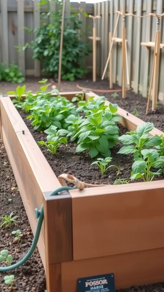 Raised herb garden with lush green plants and an irrigation system