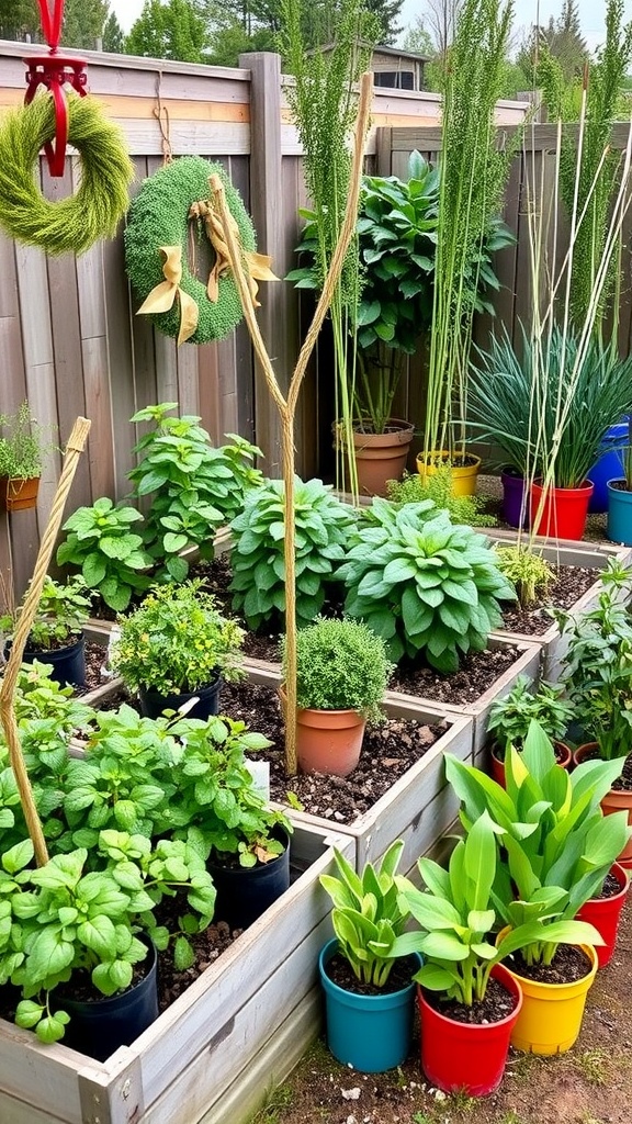 A vibrant herb garden featuring a variety of herbs in colorful pots and a decorative wreath.