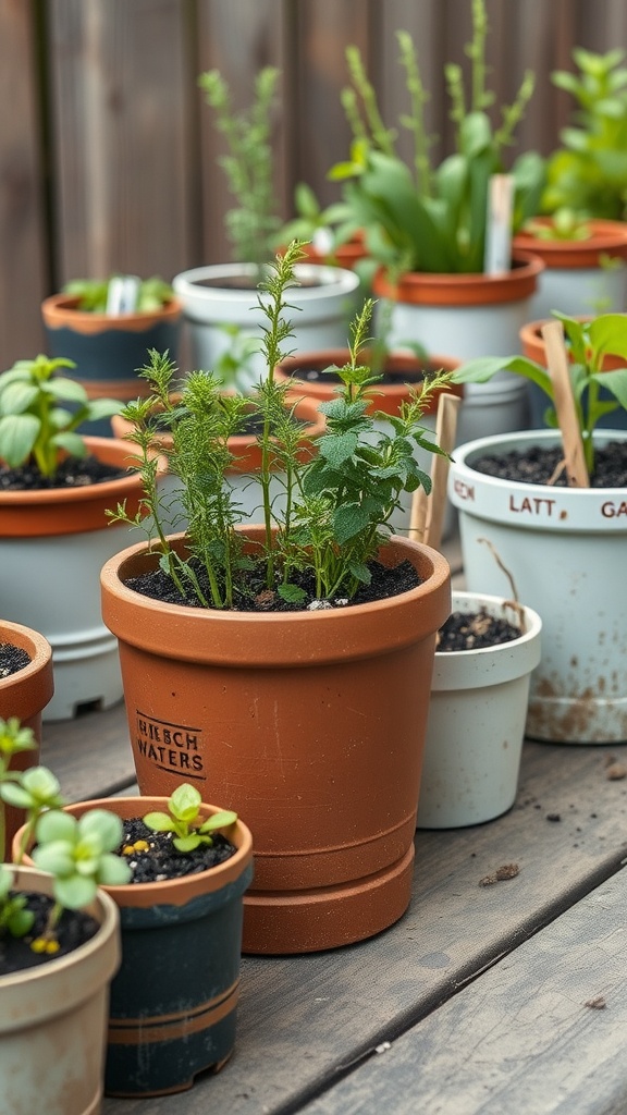 A collection of self-watering pots with various herbs growing.
