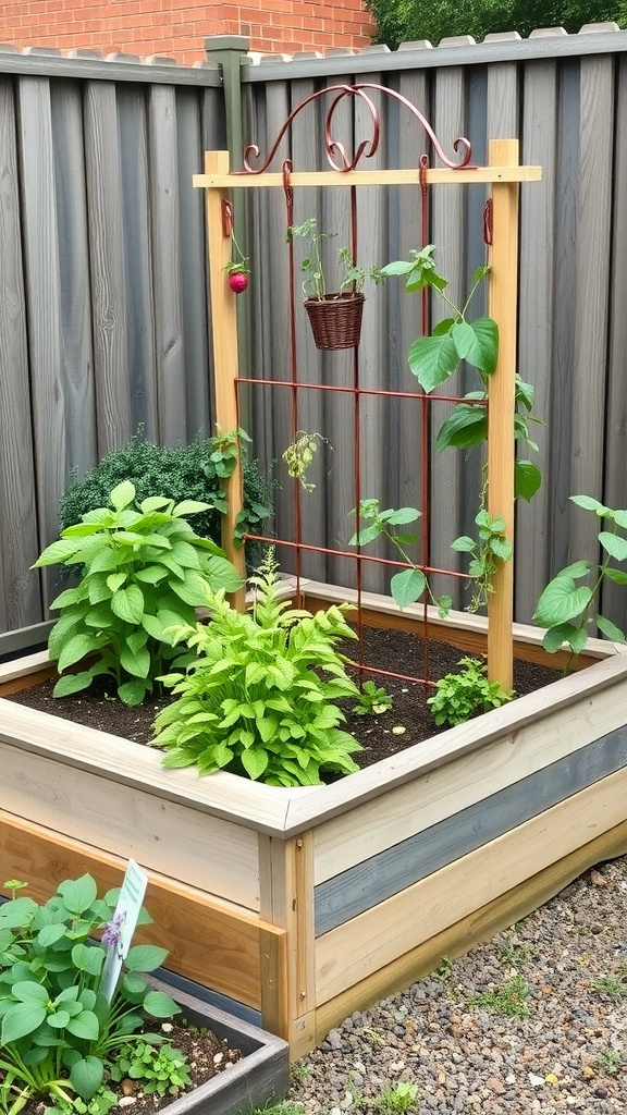 A raised herb garden with a trellis featuring various herbs and a pot hanging on the trellis.
