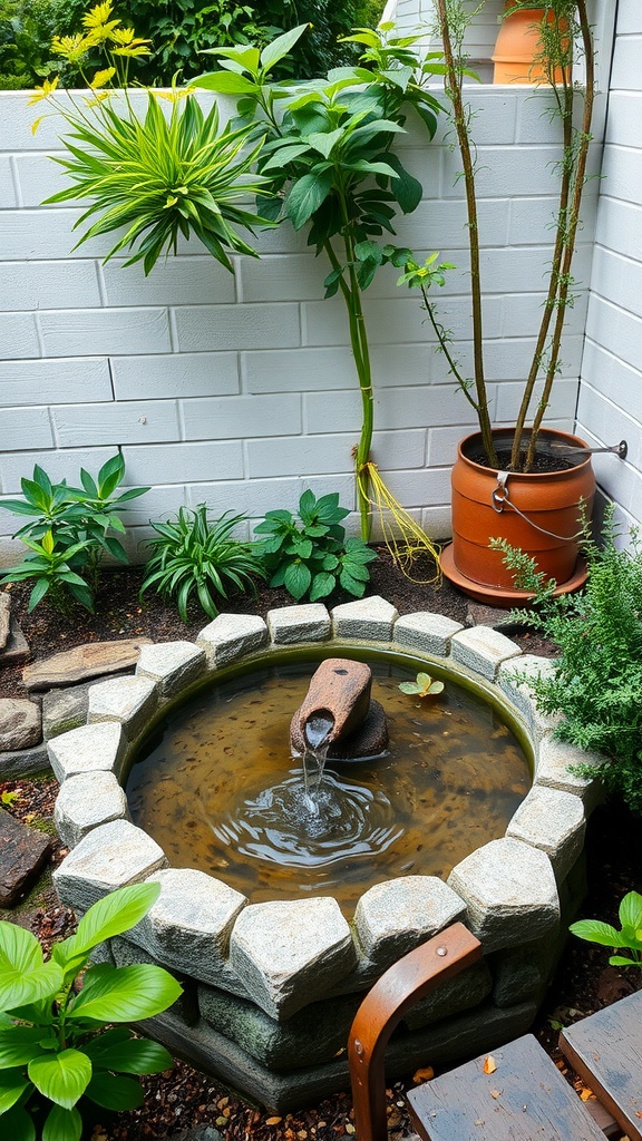 A cozy herb garden with a circular water feature surrounded by various plants.