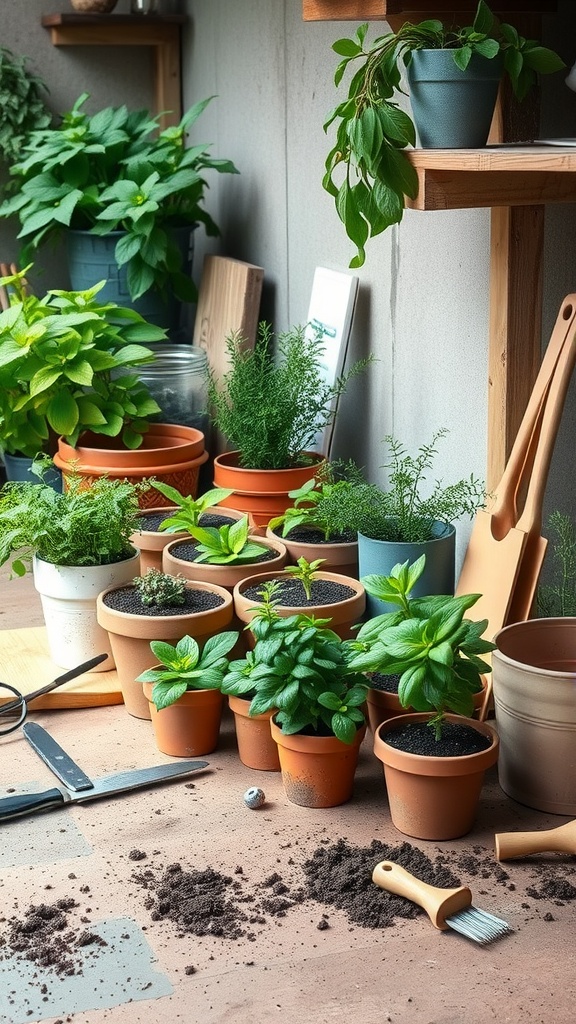 An assortment of potted herbs and gardening tools arranged in a workshop setting.