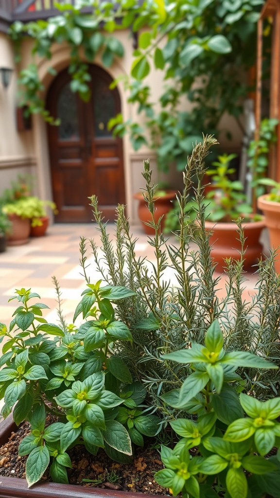 A lush herb garden featuring basil and rosemary in a Mediterranean courtyard