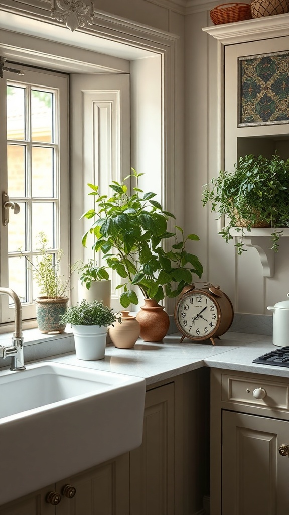 A Victorian kitchen with a windowsill herb garden featuring various plants in pots, a clock, and a farmhouse sink.