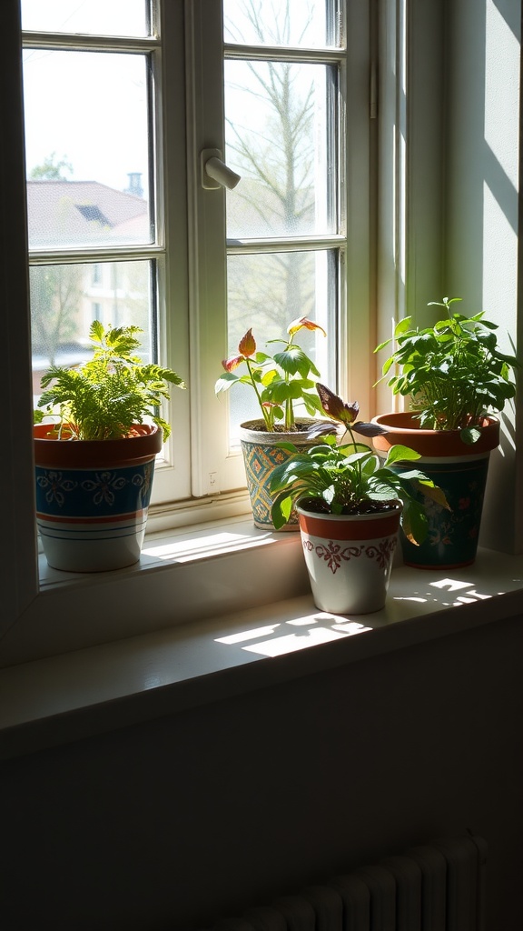 Potted herbs on a sunny windowsill