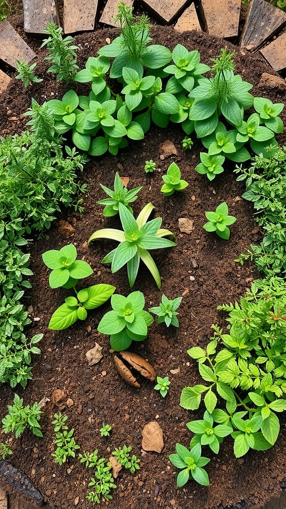 A top-down view of a lush herb spiral garden filled with various green herbs.