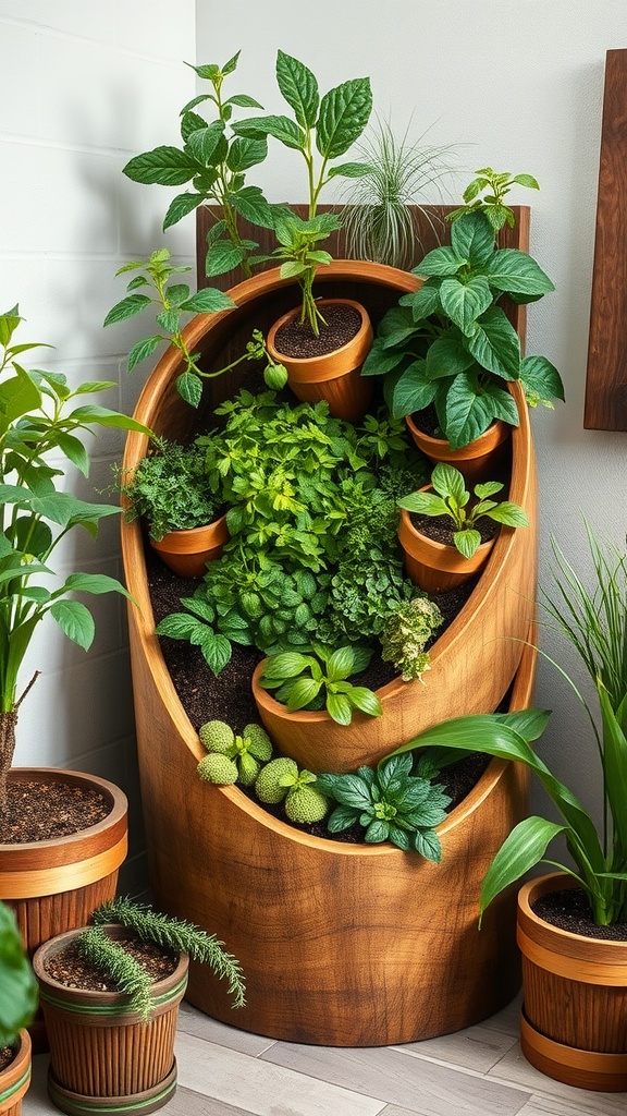 A wooden herb spiral garden filled with various herbs in pots, showcasing a creative gardening solution.