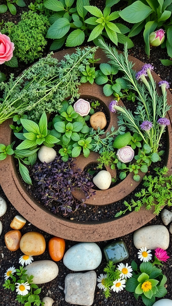 An overhead view of a spiral herb garden with various herbs, stones, and flowers.