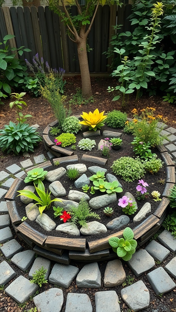 A circular herb spiral garden design with various herbs and flowers arranged among stones.