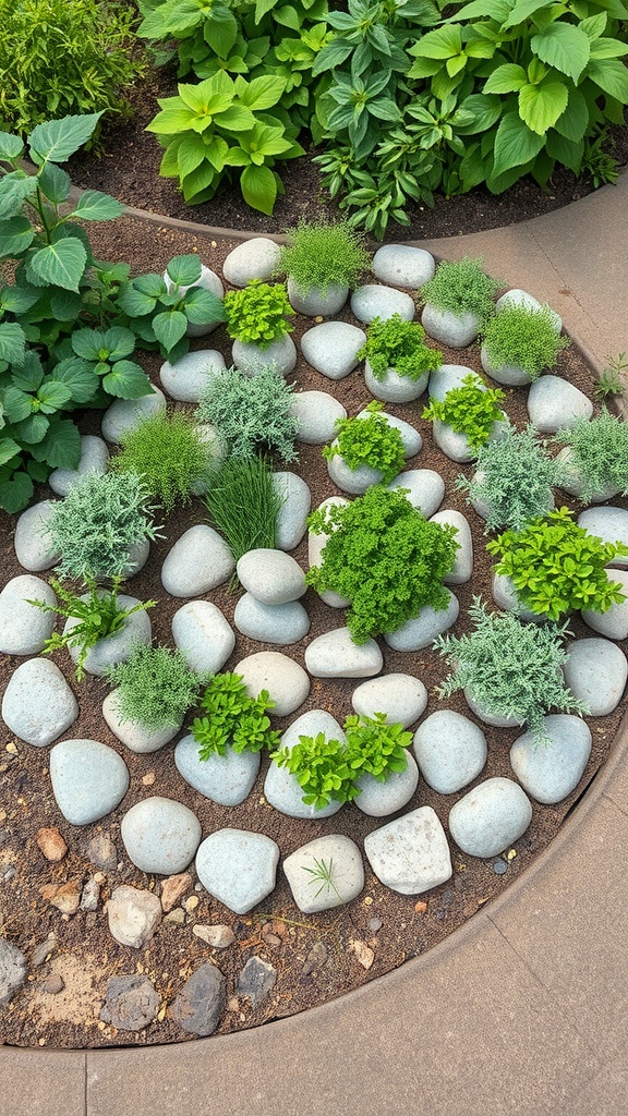 A circular herb spiral garden design featuring various herbs and stones.
