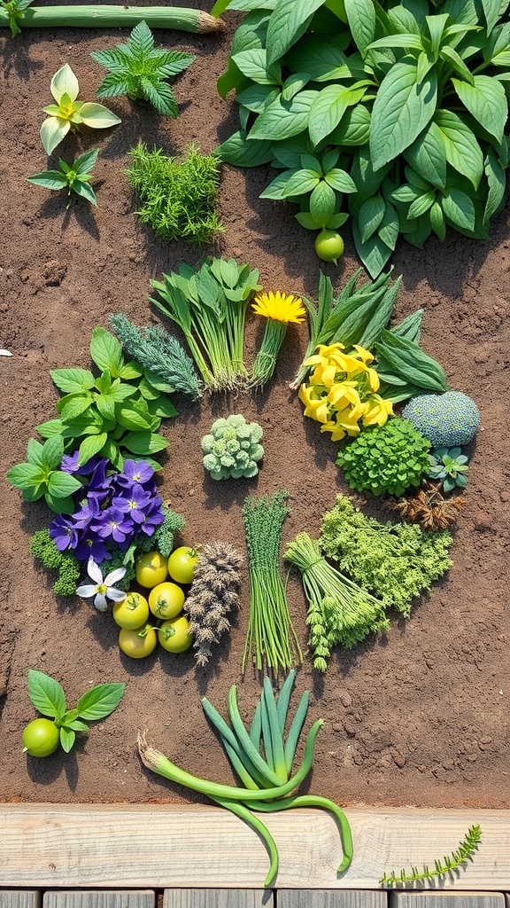 An organized herb wheel garden featuring various herbs and vegetables arranged in a circular pattern.