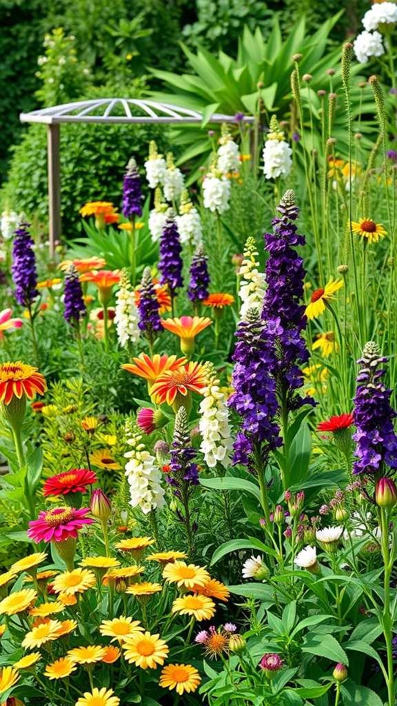 A colorful herbaceous border filled with various flowers including purple delphiniums, yellow daisies, and red gerberas in an English country garden.