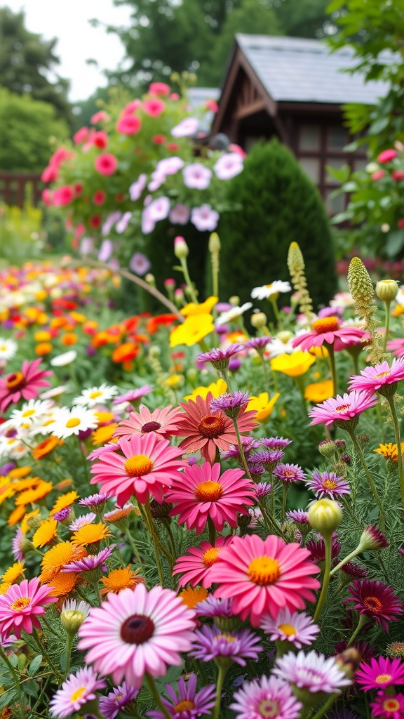 Colorful herbaceous borders filled with seasonal flowers in a vibrant Victorian garden.