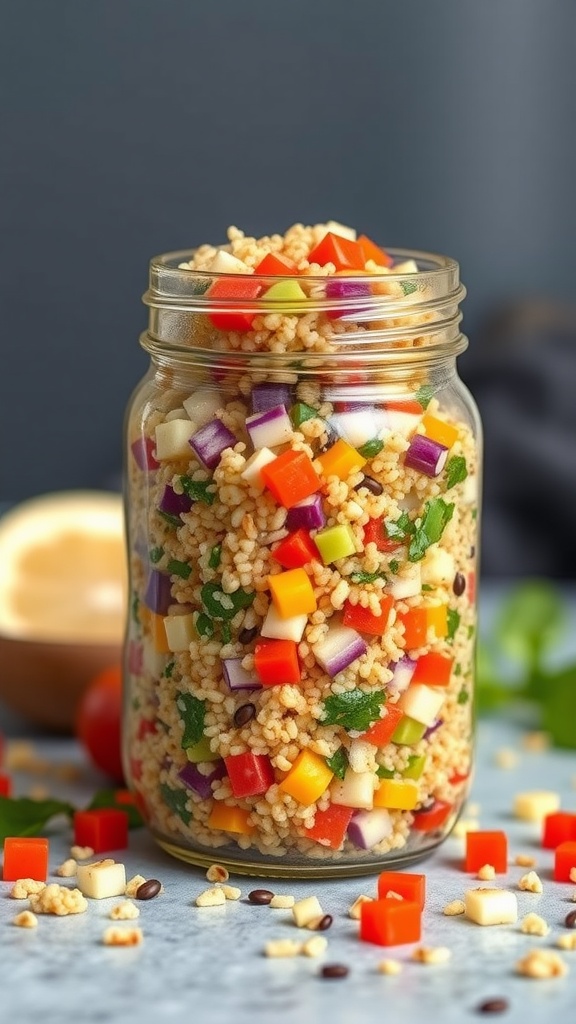 A jar filled with herbed quinoa salad, colorful diced vegetables, and a light dressing.