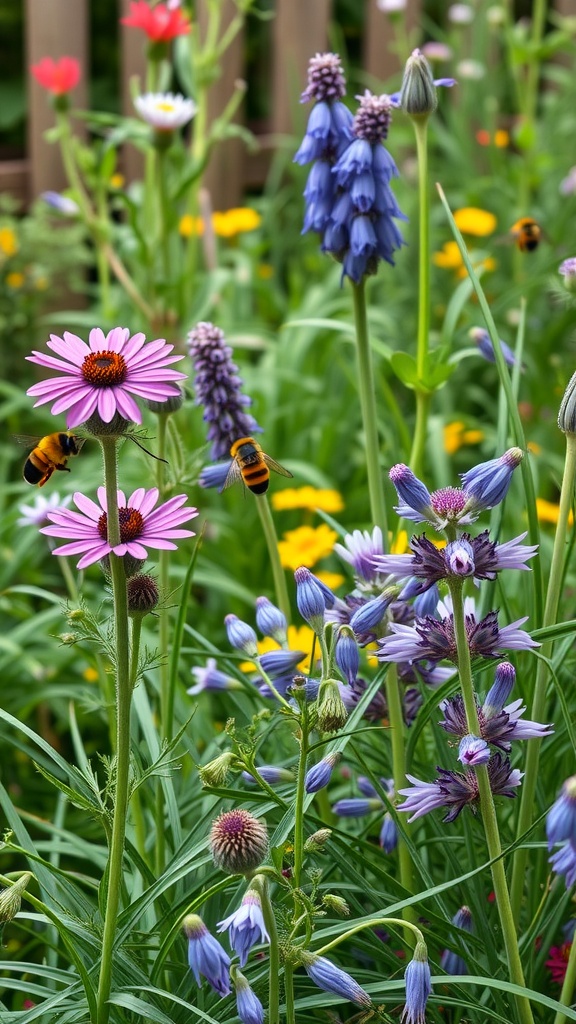 Colorful flowers with bees in a garden setting