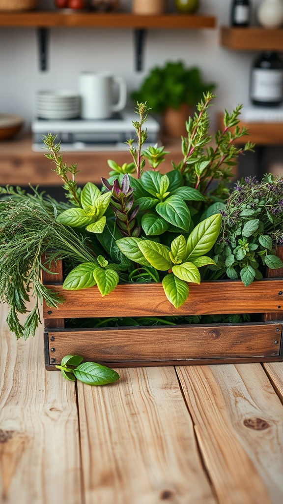 A rustic wooden crate filled with fresh herbs including basil, mint, and rosemary.
