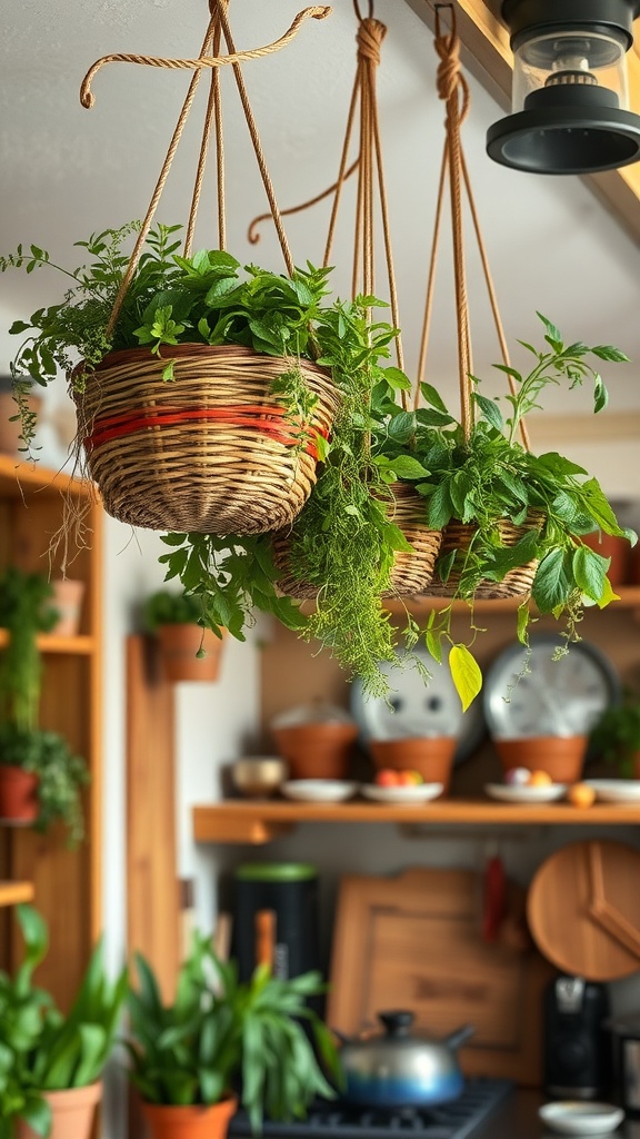 Hanging baskets filled with various herbs in a kitchen setting.