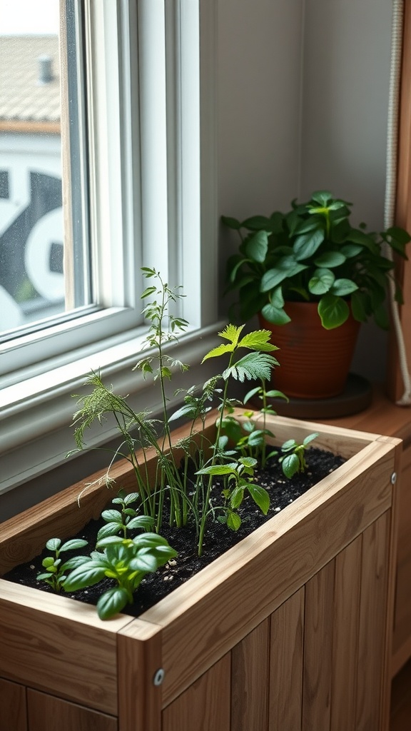 Raised herb garden near a kitchen window with various herbs growing.