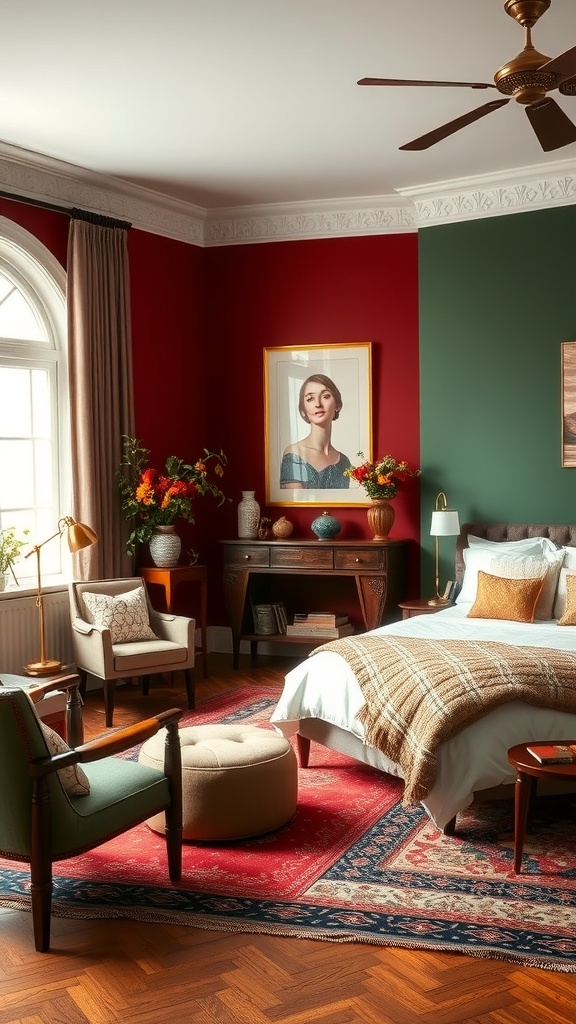 A traditional living room with a heritage-inspired color palette featuring deep red and green walls, wooden furniture, and cozy decor.