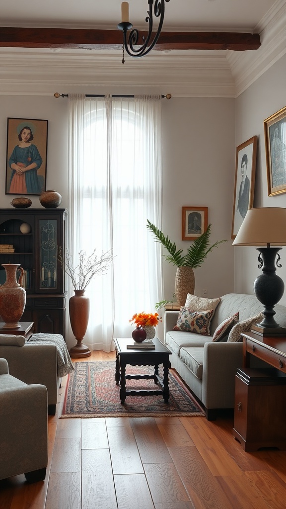 A traditional living room with heritage-inspired decor, featuring artwork, a plant, and vintage accessories.