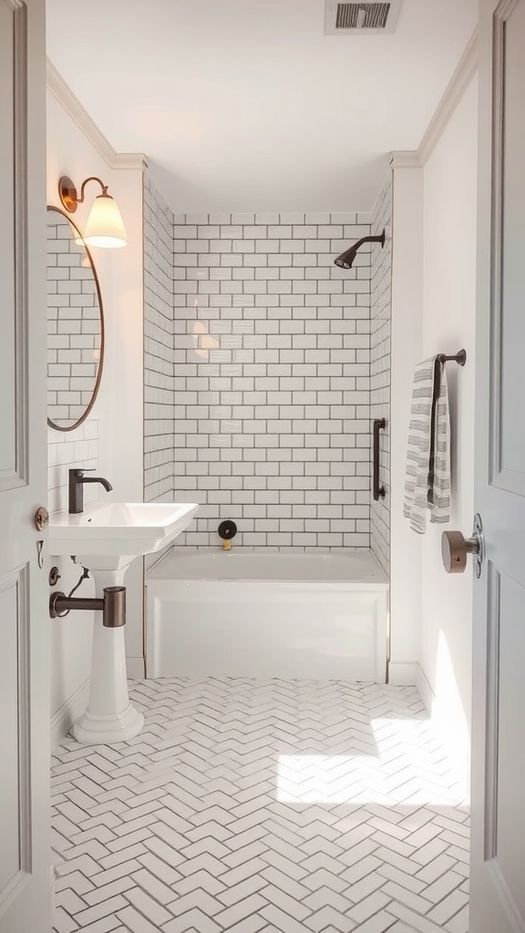 Small bathroom with herringbone pattern tiles on the floor