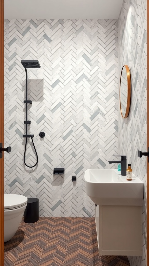 A modern bathroom featuring a herringbone tile arrangement on the walls and wooden flooring.