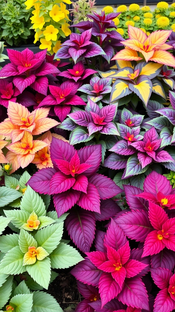 A vibrant display of colorful Heuchera plants with leaves in shades of pink, purple, and green.