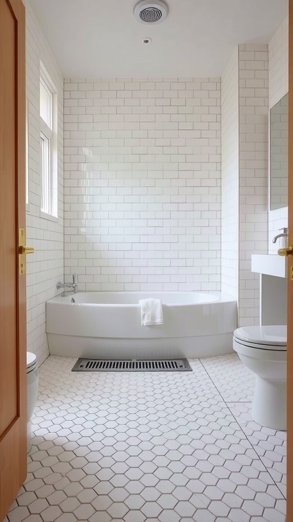 A modern bathroom featuring hexagon tile flooring and white ceramic walls.