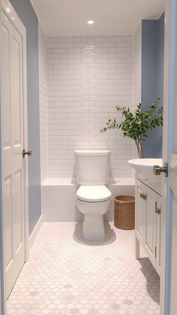 Small bathroom with hexagon tile floor, white walls, and a plant