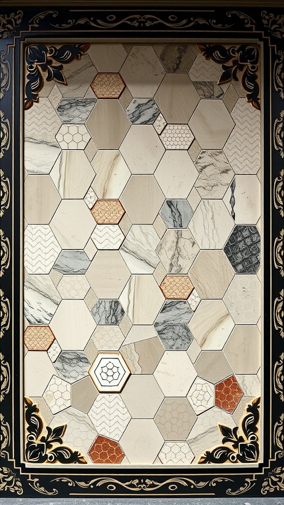 Hexagon tile bathroom floor design with decorative borders