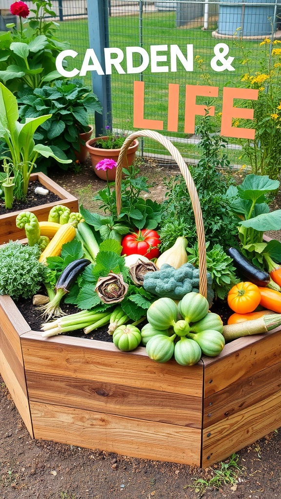 Hexagonal wooden garden bed filled with various vegetables.