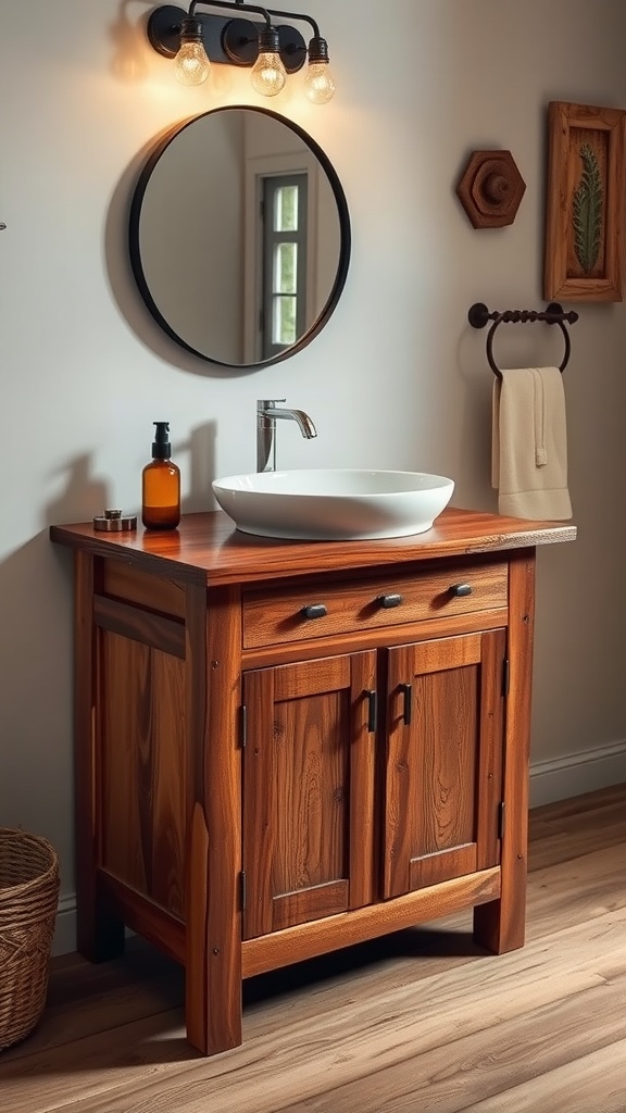 Rustic hickory wood sink stand with white vessel sink, surrounded by warm lighting and decor.
