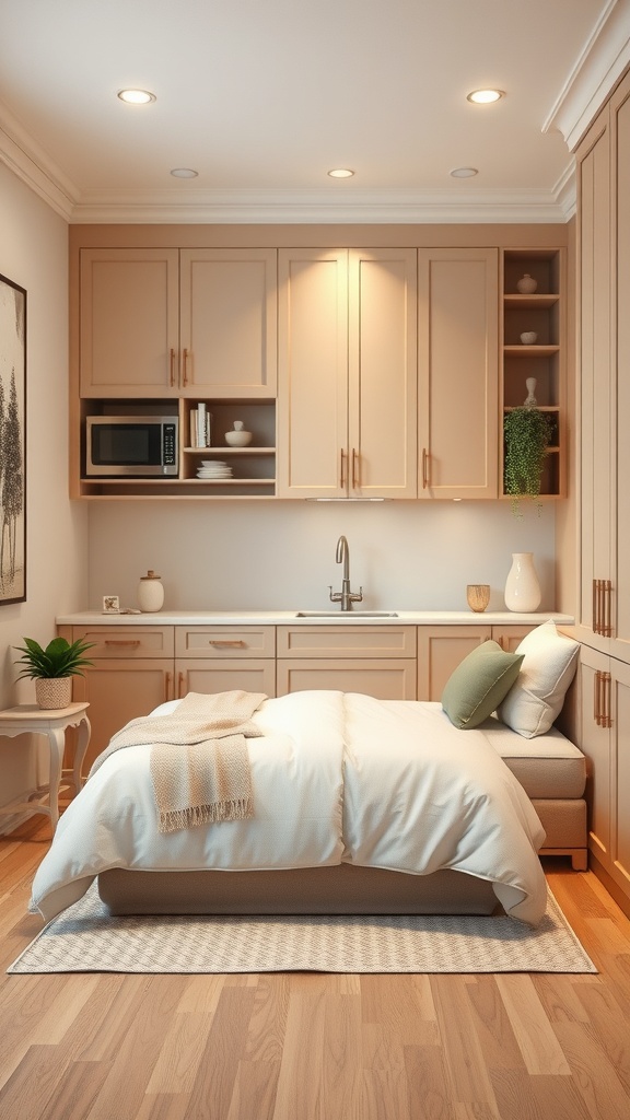 A compact kitchen with hidden appliances, featuring a microwave in the cabinetry and a cozy bed in the same space.