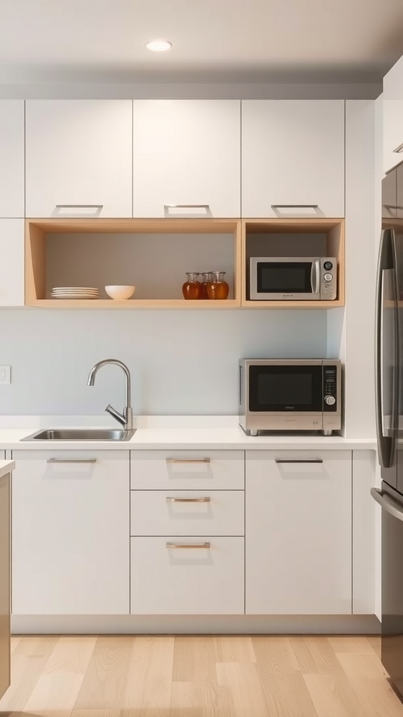 A modern kitchen with hidden appliances in cabinets, featuring a microwave and open shelving.