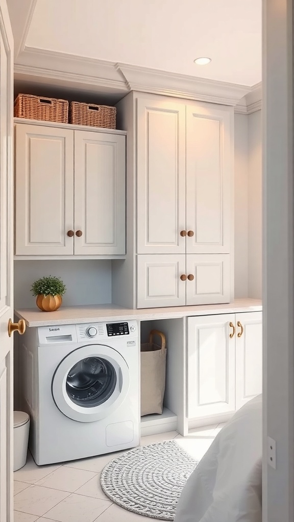 A small laundry room featuring a washing machine, storage cabinets, and a hidden laundry hamper solution.