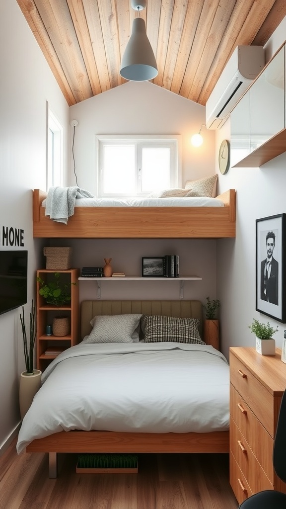 A cozy loft bedroom featuring a hidden loft bed above a lower bed, with wooden accents and plants.