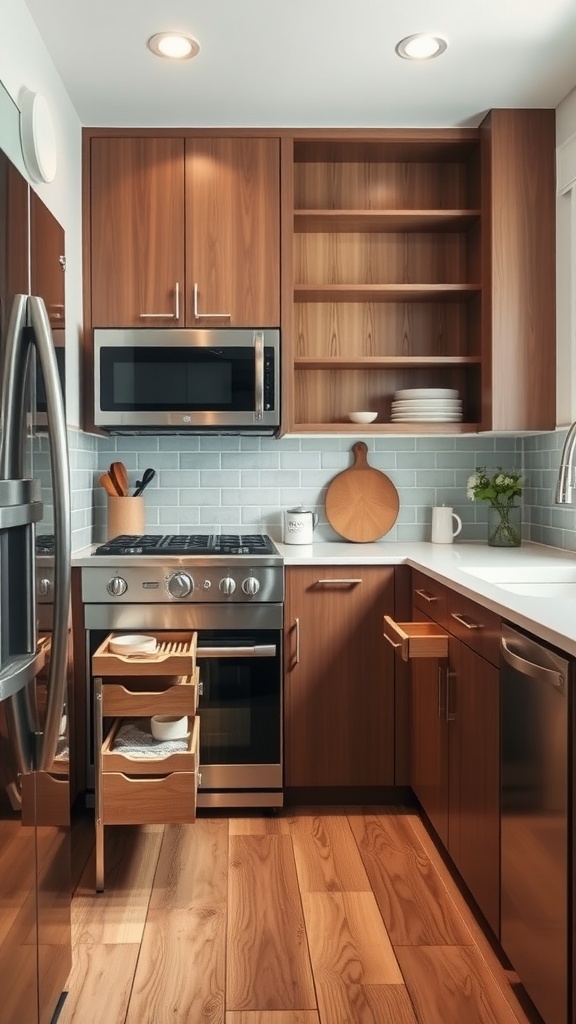 A modern mini kitchen showing hidden storage features like drawers and open shelves.