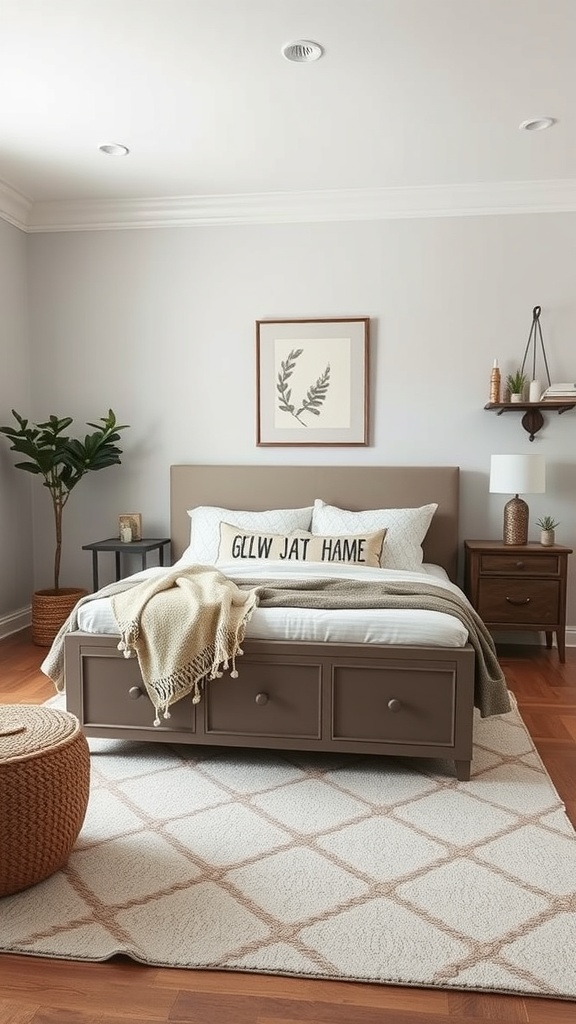 A stylish bedroom featuring a storage bench at the foot of the bed, with decorative pillows and a cozy blanket.