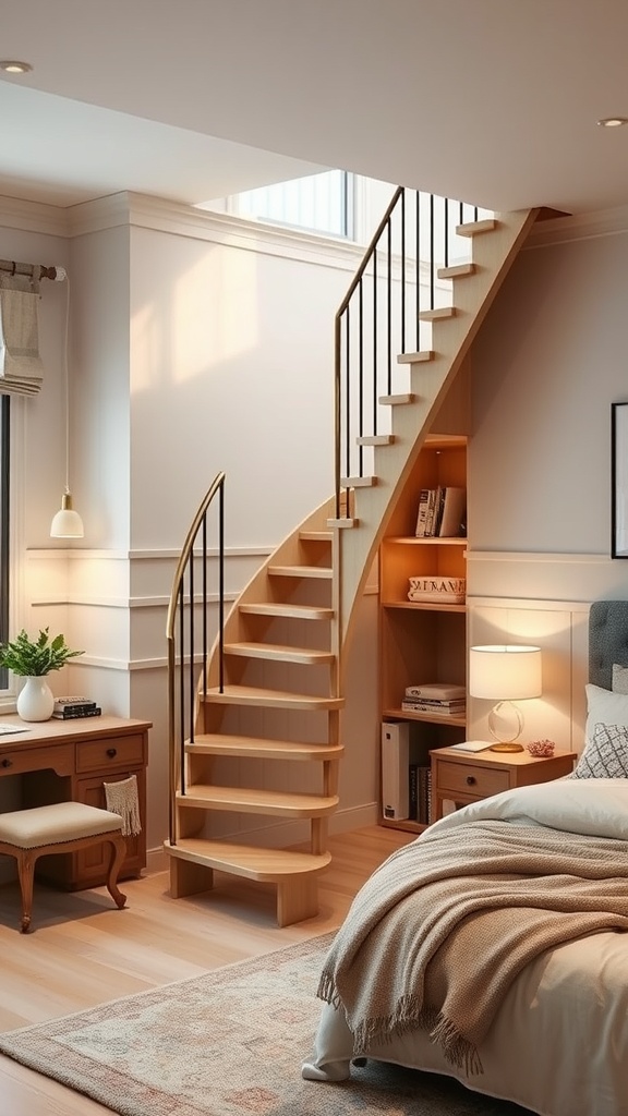 A stylish staircase with hidden storage underneath, showcasing a cozy bedroom setting.