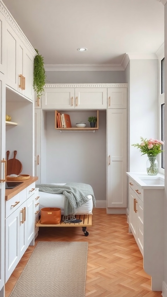 A small kitchen with hidden storage options, featuring built-in cabinets, open shelving, and a rolling cart.