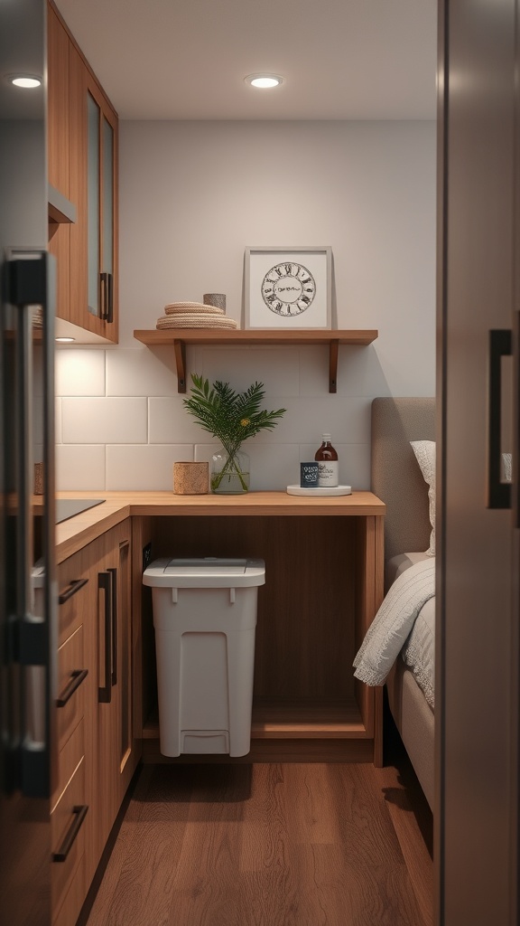 A small kitchen with a hidden trash bin under the counter, showcasing a clean and organized space.