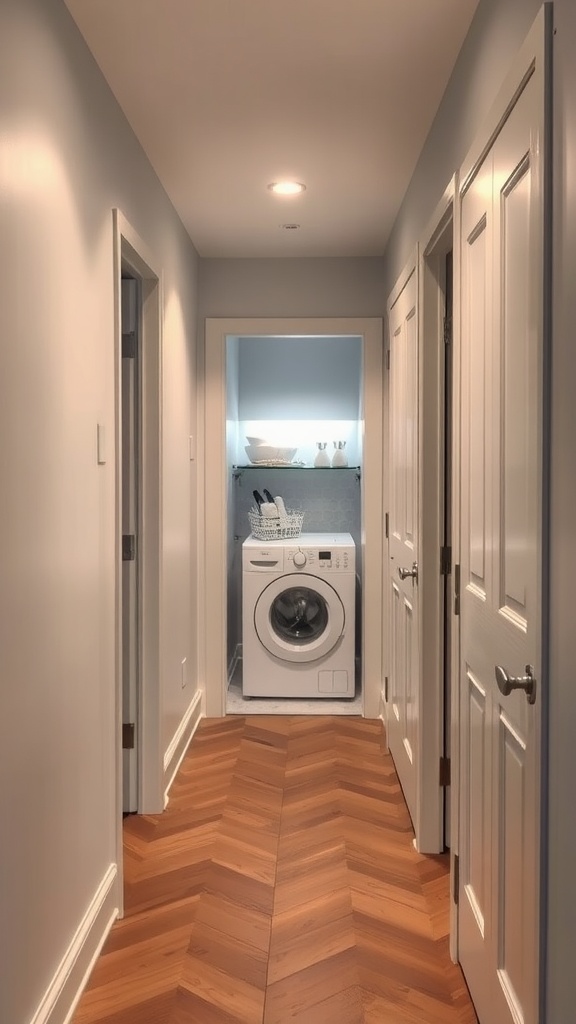 A hallway with a hidden washer and dryer at the end, featuring light-colored walls and wooden flooring.