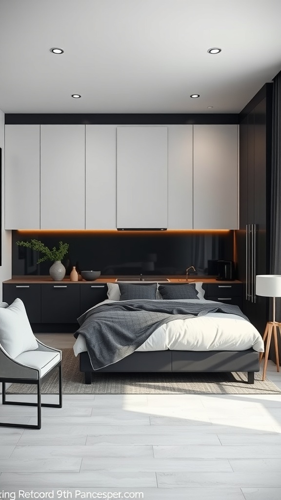 A modern luxury kitchen featuring high-contrast design with black cabinets and white countertops.