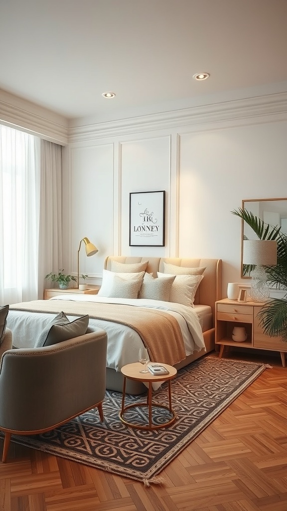 A luxurious bedroom featuring a plush bed, stylish nightstands, and a cozy seating area.