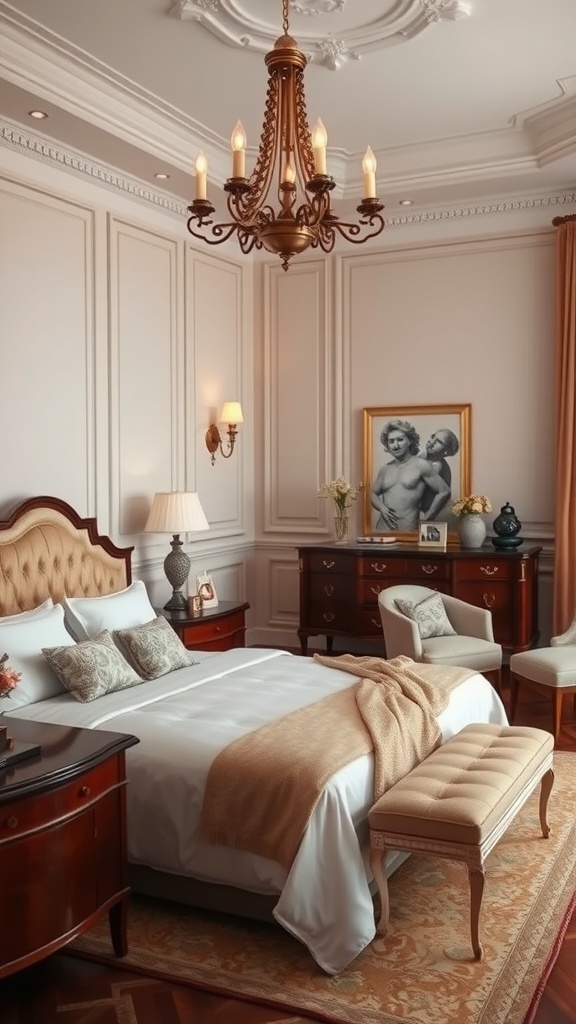 A luxurious bedroom featuring elegant wooden furniture, plush bedding, and stylish lighting.