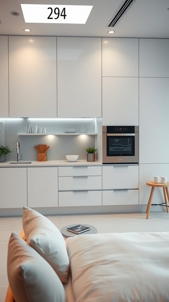 A modern kitchen featuring sleek cabinetry and smart appliances.