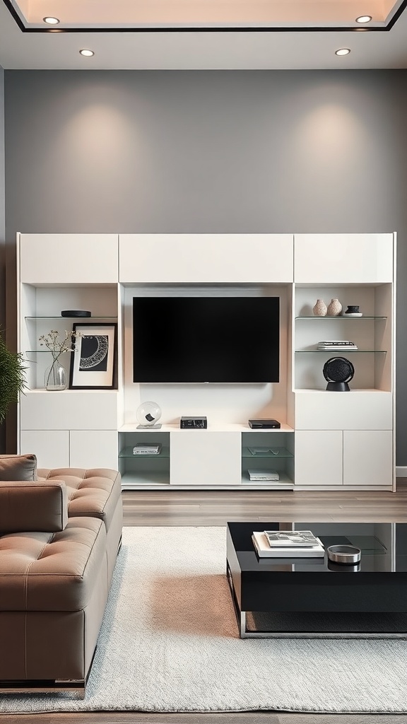 A stylish high-gloss white wall unit in a modern living room with a large TV and decorative shelves.