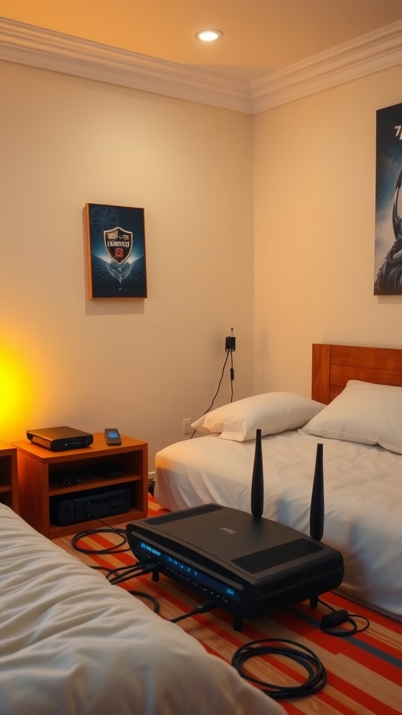 A gaming bedroom setup featuring a router and connected devices, with a cozy bed and warm lighting.
